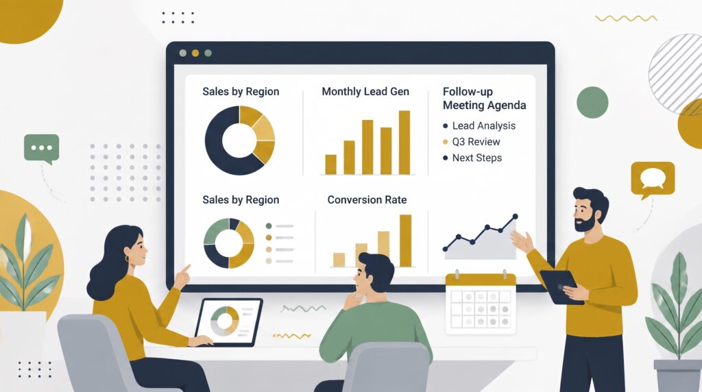Ilustração de reunião comercial com painel de indicadores na tela e pauta de reunião de follow-up, mostrando taxa de conversão, geração de leads e calendário