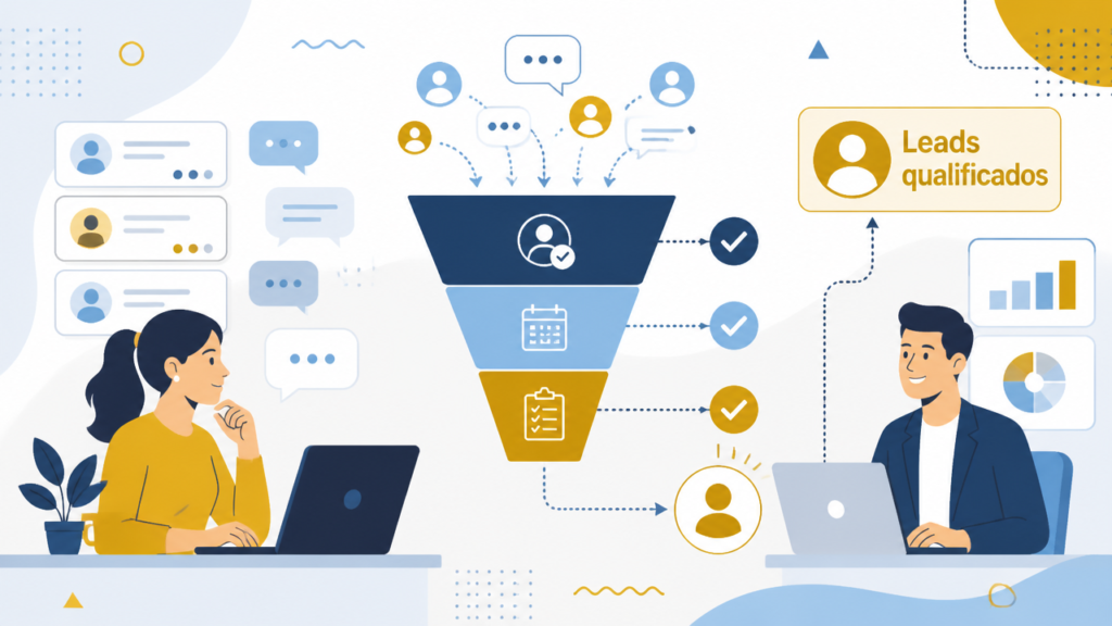 Ilustração de equipe comercial usando pré-venda para qualificar leads e organizar o funil de vendas
