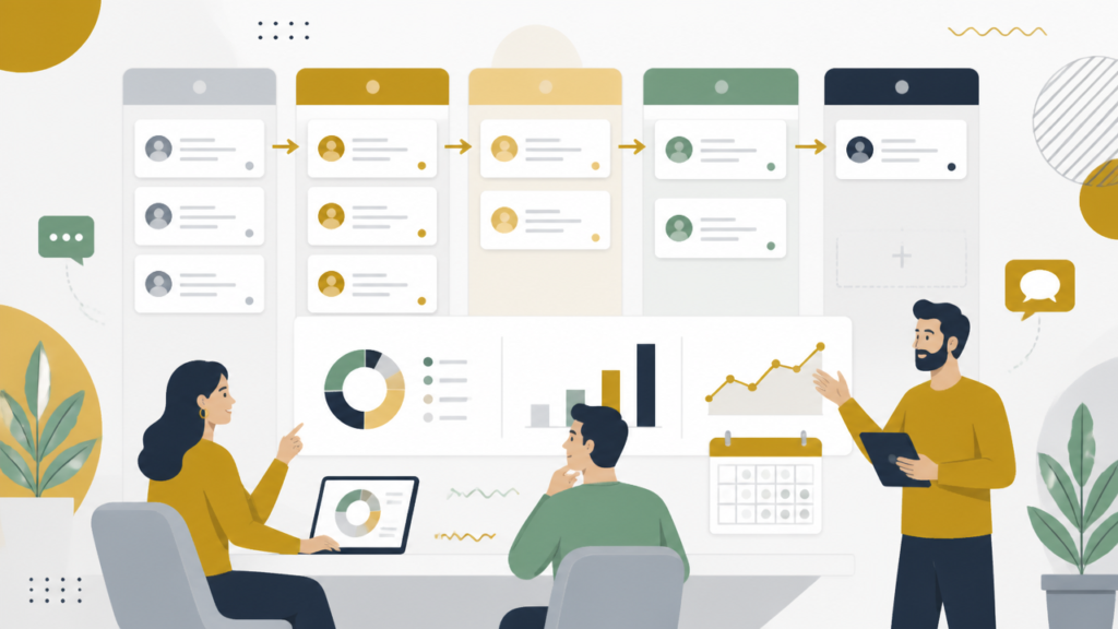 Ilustração de um pipeline comercial com etapas, oportunidades e painel de métricas